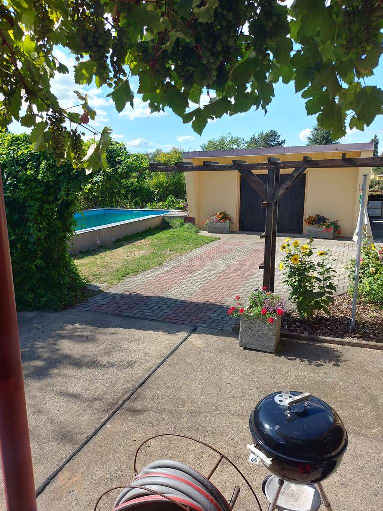 Blick von der Terrasse zum Pool